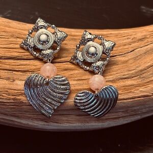 Silver Tone Heart Drop Statement Earrings w/ Pink Bead